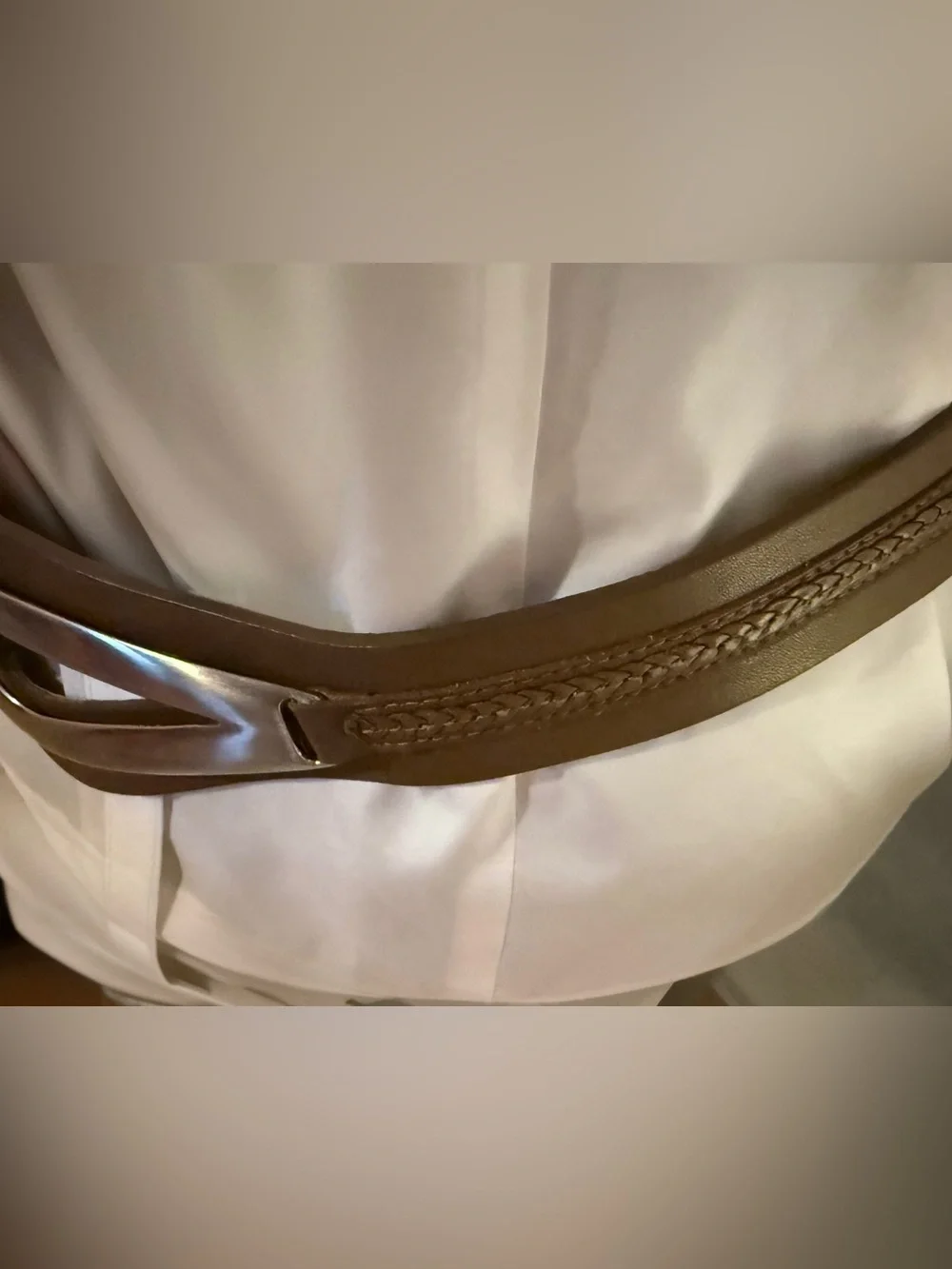 Coldwater Creek Genuine Metalic Bronzed Leather Teardrop Buckle Belt – Size LG